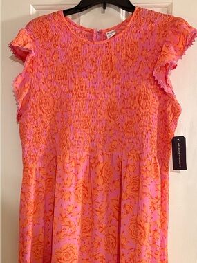 New Women’s Pink & Orange Floral Smocked Dress, Size XXL